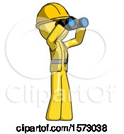 Poster, Art Print Of Yellow Construction Worker Contractor Man Looking Through Binoculars To The Right