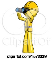Poster, Art Print Of Yellow Construction Worker Contractor Man Looking Through Binoculars To The Left