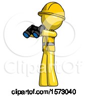 Yellow Construction Worker Contractor Man Holding Binoculars Ready To Look Left