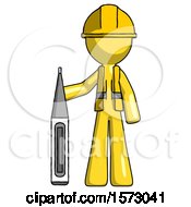Poster, Art Print Of Yellow Construction Worker Contractor Man Standing With Large Thermometer