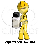 Poster, Art Print Of Yellow Construction Worker Contractor Man Holding White Medicine Bottle