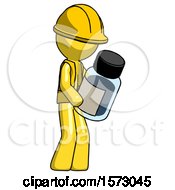 Poster, Art Print Of Yellow Construction Worker Contractor Man Holding Glass Medicine Bottle
