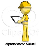 Poster, Art Print Of Yellow Construction Worker Contractor Man Looking At Tablet Device Computer With Back To Viewer