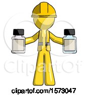 Poster, Art Print Of Yellow Construction Worker Contractor Man Holding Two Medicine Bottles