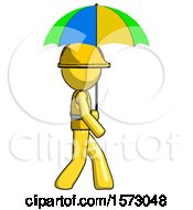 Poster, Art Print Of Yellow Construction Worker Contractor Man Walking With Colored Umbrella