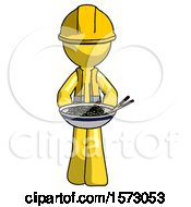 Yellow Construction Worker Contractor Man Serving Or Presenting Noodles