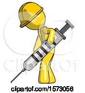 Poster, Art Print Of Yellow Construction Worker Contractor Man Using Syringe Giving Injection