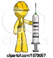 Yellow Construction Worker Contractor Man Holding Large Syringe