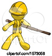 Poster, Art Print Of Yellow Construction Worker Contractor Man Bo Staff Action Hero Kung Fu Pose