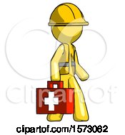 Poster, Art Print Of Yellow Construction Worker Contractor Man Walking With Medical Aid Briefcase To Right