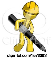 Poster, Art Print Of Yellow Construction Worker Contractor Man Writing With A Really Big Pen