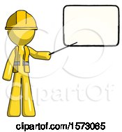 Yellow Construction Worker Contractor Man Giving Presentation In Front Of Dry Erase Board
