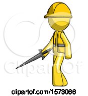 Poster, Art Print Of Yellow Construction Worker Contractor Man With Sword Walking Confidently