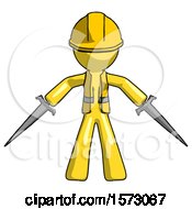 Poster, Art Print Of Yellow Construction Worker Contractor Man Two Sword Defense Pose