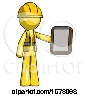 Poster, Art Print Of Yellow Construction Worker Contractor Man Showing Clipboard To Viewer