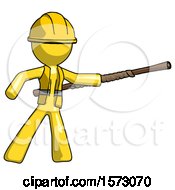 Poster, Art Print Of Yellow Construction Worker Contractor Man Bo Staff Pointing Right Kung Fu Pose