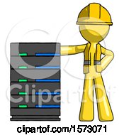 Poster, Art Print Of Yellow Construction Worker Contractor Man With Server Rack Leaning Confidently Against It
