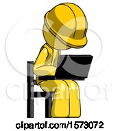 Poster, Art Print Of Yellow Construction Worker Contractor Man Using Laptop Computer While Sitting In Chair Angled Right