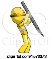 Poster, Art Print Of Yellow Construction Worker Contractor Man Stabbing Or Cutting With Scalpel