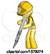 Poster, Art Print Of Yellow Construction Worker Contractor Man Cutting With Large Scalpel