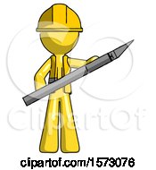 Poster, Art Print Of Yellow Construction Worker Contractor Man Holding Large Scalpel