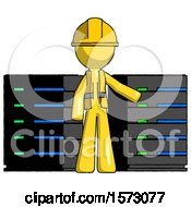 Poster, Art Print Of Yellow Construction Worker Contractor Man With Server Racks In Front Of Two Networked Systems