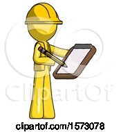 Poster, Art Print Of Yellow Construction Worker Contractor Man Using Clipboard And Pencil