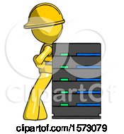 Yellow Construction Worker Contractor Man Resting Against Server Rack
