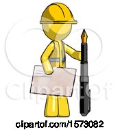 Yellow Construction Worker Contractor Man Holding Large Envelope And Calligraphy Pen