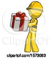 Yellow Construction Worker Contractor Man Presenting A Present With Large Red Bow On It