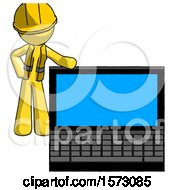Poster, Art Print Of Yellow Construction Worker Contractor Man Beside Large Laptop Computer Leaning Against It