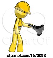 Poster, Art Print Of Yellow Construction Worker Contractor Man Dusting With Feather Duster Downwards