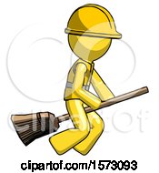 Poster, Art Print Of Yellow Construction Worker Contractor Man Flying On Broom