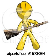 Poster, Art Print Of Yellow Construction Worker Contractor Man Broom Fighter Defense Pose