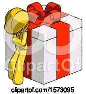 Poster, Art Print Of Yellow Construction Worker Contractor Man Leaning On Gift With Red Bow Angle View