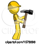 Poster, Art Print Of Yellow Construction Worker Contractor Man Hammering Something On The Right