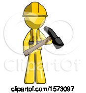 Poster, Art Print Of Yellow Construction Worker Contractor Man Holding Hammer Ready To Work