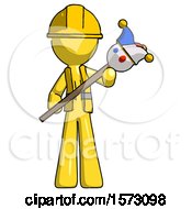 Poster, Art Print Of Yellow Construction Worker Contractor Man Holding Jester Diagonally