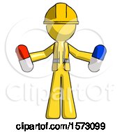 Poster, Art Print Of Yellow Construction Worker Contractor Man Holding A Red Pill And Blue Pill