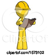 Poster, Art Print Of Yellow Construction Worker Contractor Man Reading Book While Standing Up Facing Away