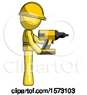 Poster, Art Print Of Yellow Construction Worker Contractor Man Using Drill Drilling Something On Right Side