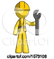 Poster, Art Print Of Yellow Construction Worker Contractor Man Holding Wrench Ready To Repair Or Work
