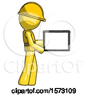 Poster, Art Print Of Yellow Construction Worker Contractor Man Show Tablet Device Computer To Viewer Blank Area