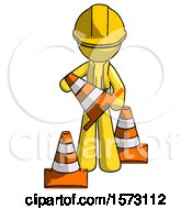 Poster, Art Print Of Yellow Construction Worker Contractor Man Holding A Traffic Cone