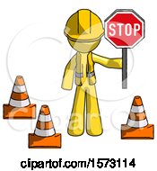 Poster, Art Print Of Yellow Construction Worker Contractor Man Holding Stop Sign By Traffic Cones Under Construction Concept