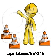 Poster, Art Print Of Yellow Construction Worker Contractor Man Standing By Traffic Cones Waving