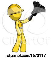 Poster, Art Print Of Yellow Construction Worker Contractor Man Dusting With Feather Duster Upwards