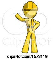 Poster, Art Print Of Yellow Construction Worker Contractor Man Waving Right Arm With Hand On Hip
