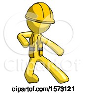 Poster, Art Print Of Yellow Construction Worker Contractor Man Karate Defense Pose Right