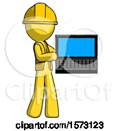 Poster, Art Print Of Yellow Construction Worker Contractor Man Holding Laptop Computer Presenting Something On Screen